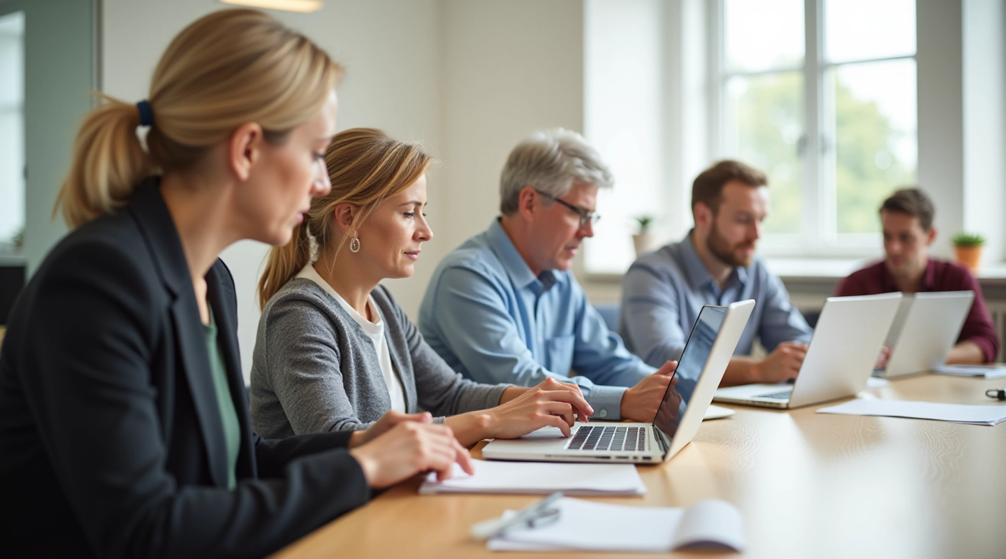 Midlife adults learning digital skills together in a bright classroom