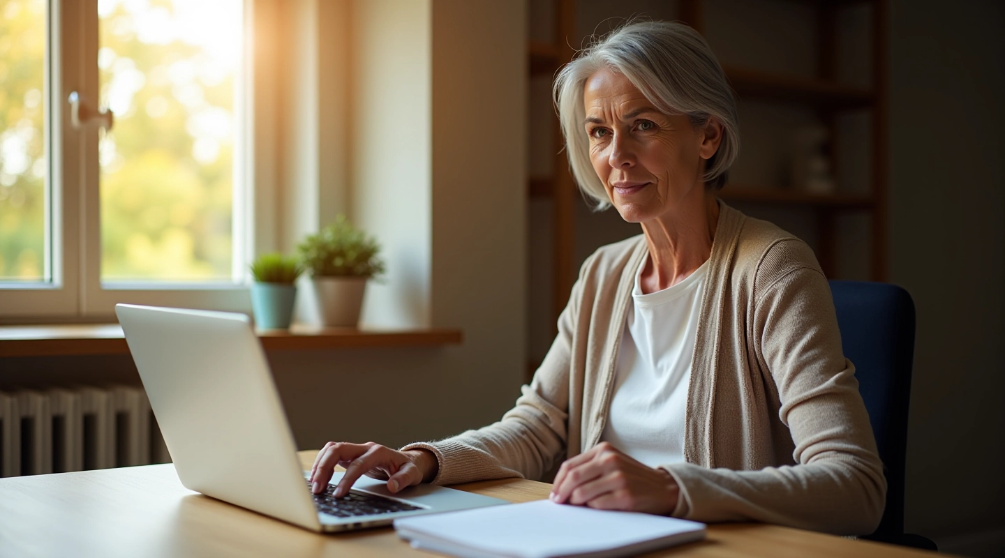 Woman in her fifties at a desk with laptop and notebook, focused on screen with a cup of tea nearby